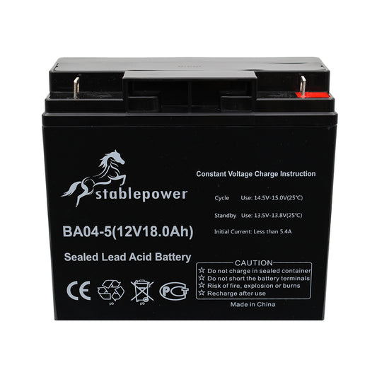 Stablepower 12V 18AH Rechargeable Sealed Lead Acid Battery Front View 2 BA04-5