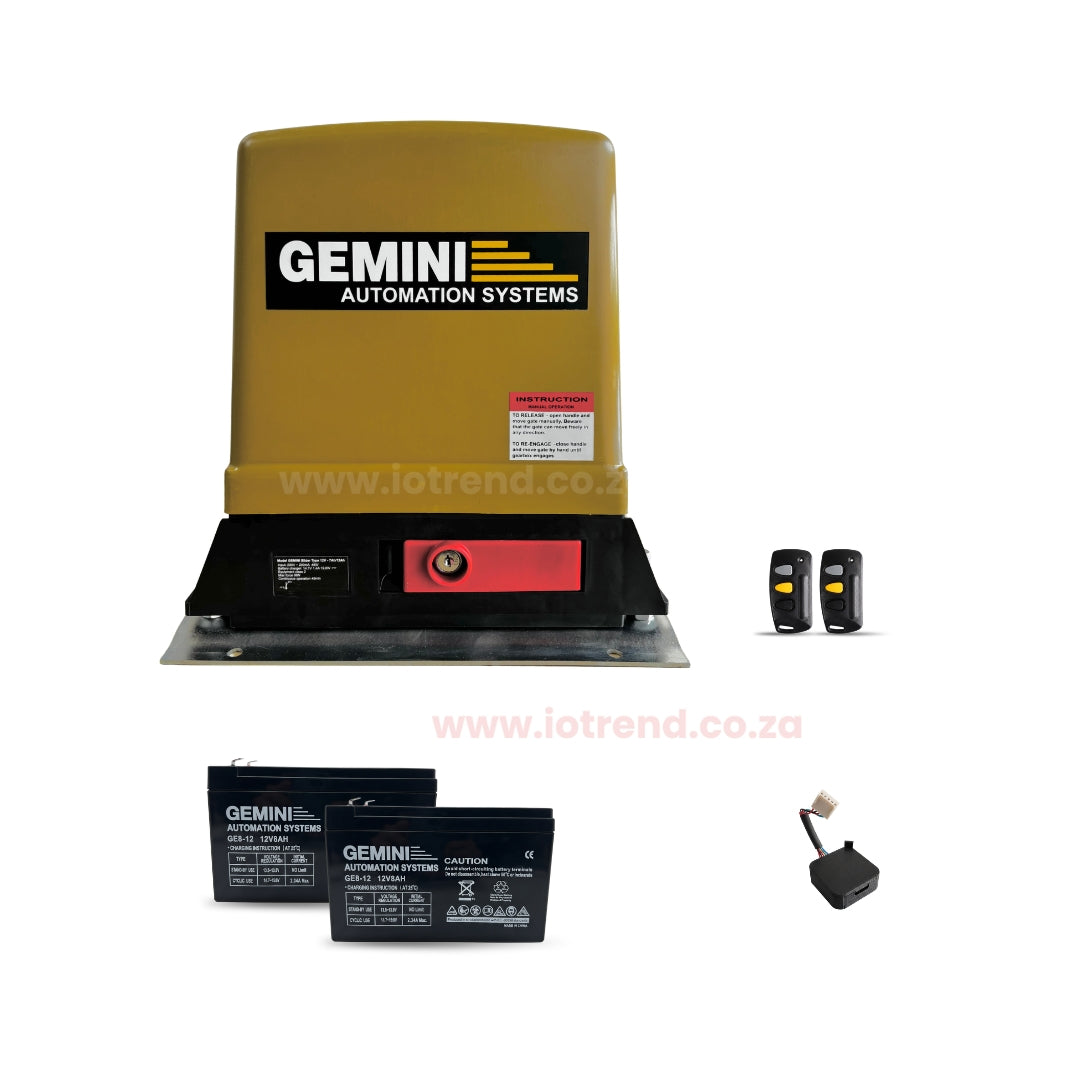 Gemini Slider 600 24V Sliding Gate Motor Kit with 2 x 12V 5Ah Batteries, 2 Remotes, Base Plate & GEMLINK
