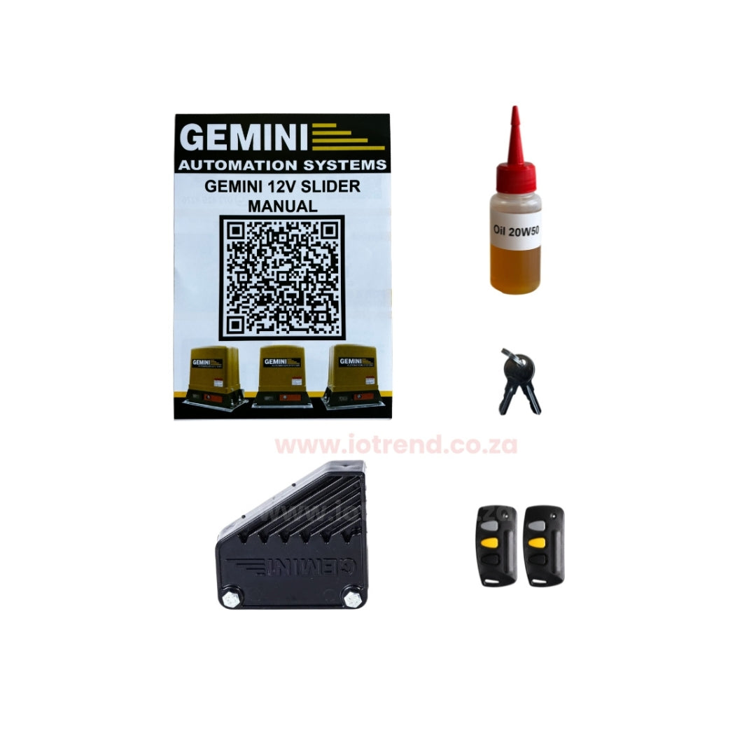 Gemini Slider 600 24V Sliding Gate Motor Kit with 2 x 12V 5Ah Batteries, 2 Remotes, Base Plate & GEMLINK