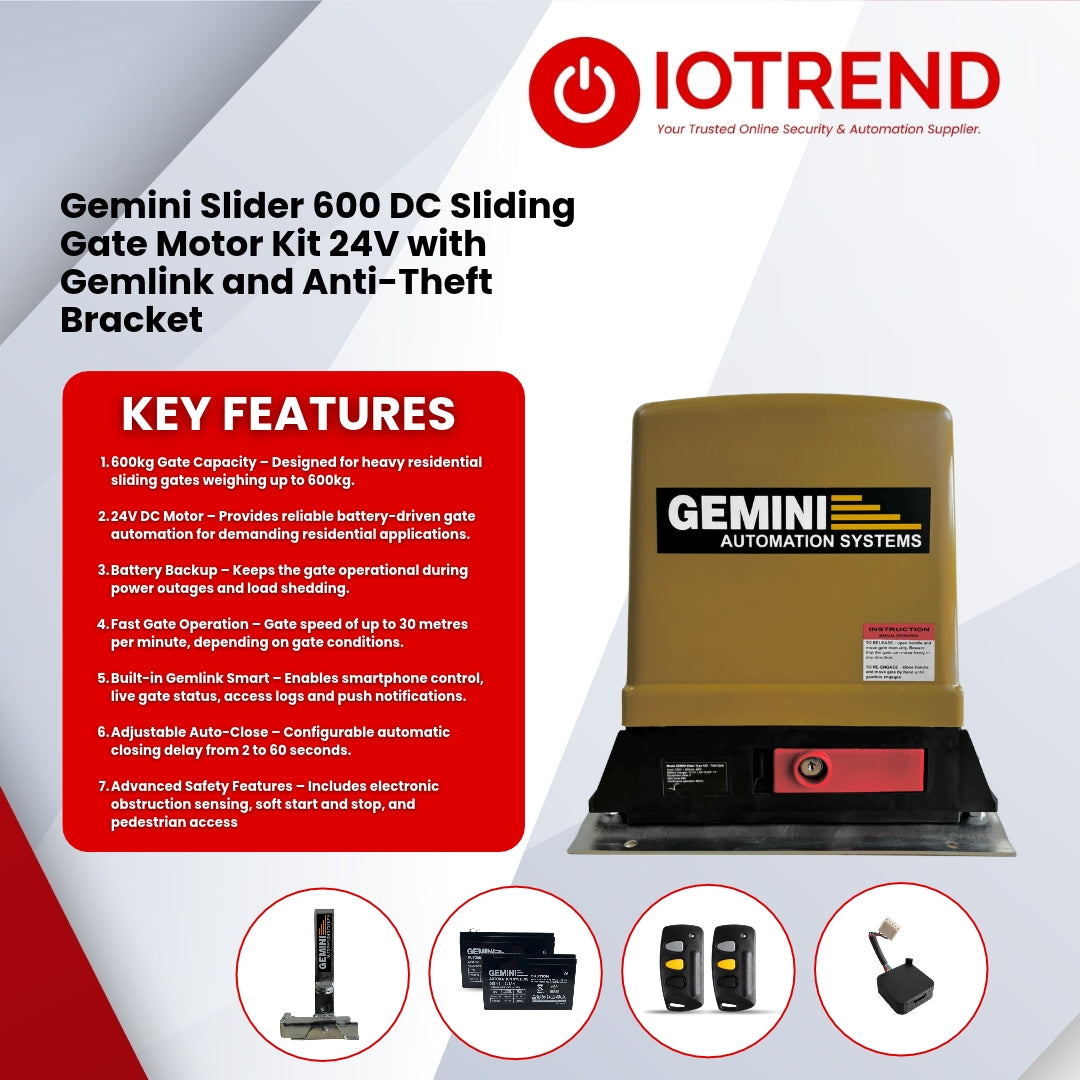 Gemini Slider 600 24V Sliding Gate Motor Kit with 2 x 12V 5Ah Batteries, 2 Remotes, Base Plate, Anti-Theft Bracket & GEMLINK