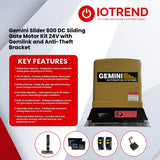 Gemini Slider 600 24V Sliding Gate Motor Kit with 2 x 12V 5Ah Batteries, 2 Remotes, Base Plate, Anti-Theft Bracket & GEMLINK