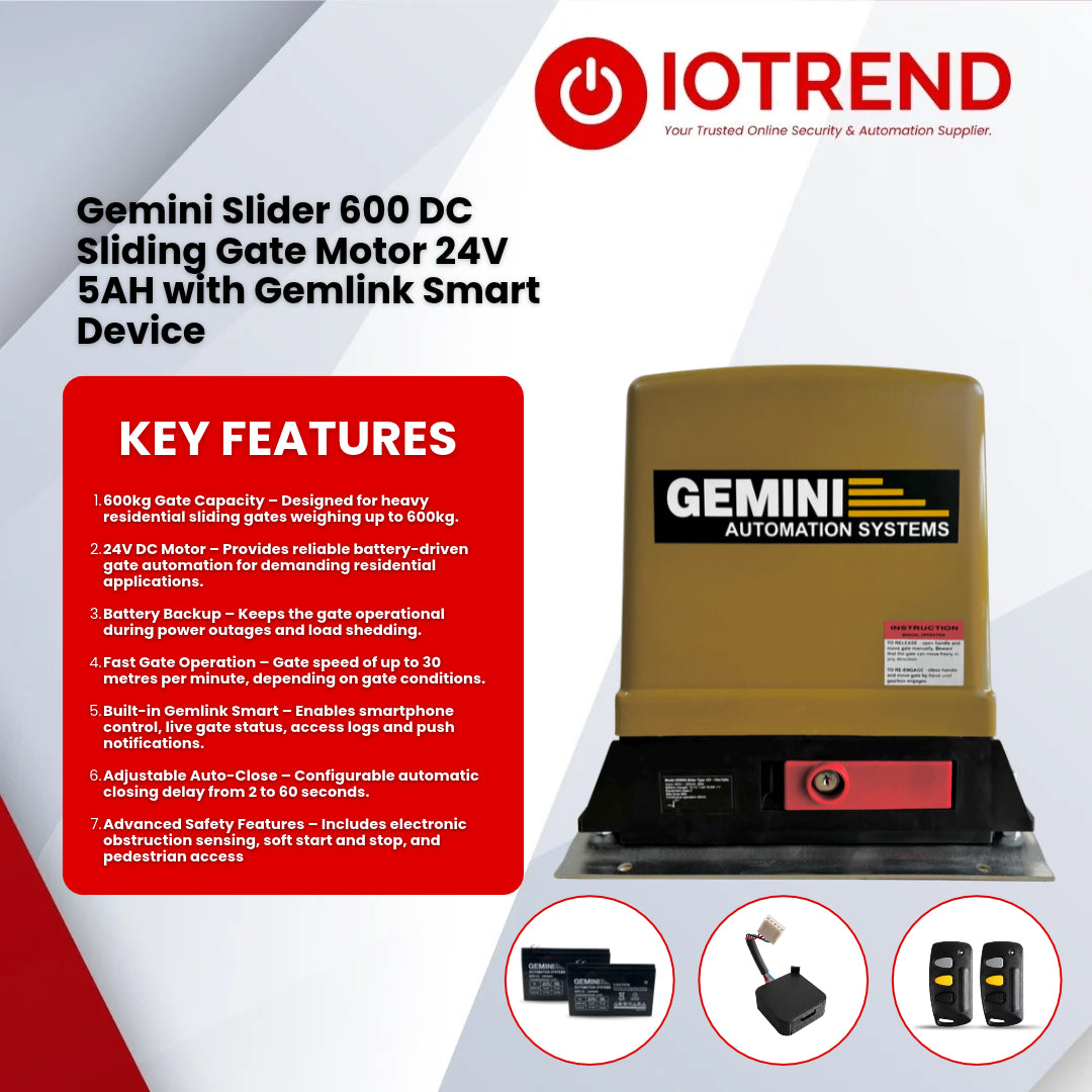 Gemini Slider 600 24V Sliding Gate Motor Kit with 2 x 12V 5Ah Batteries, 2 Remotes, Base Plate & GEMLINK