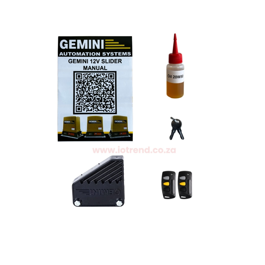 Gemini Slider 600 24V Sliding Gate Motor Kit with 2 x 12V 5Ah Batteries, 2 Remotes, Base Plate, 4m Steel Rack & GEMLINK