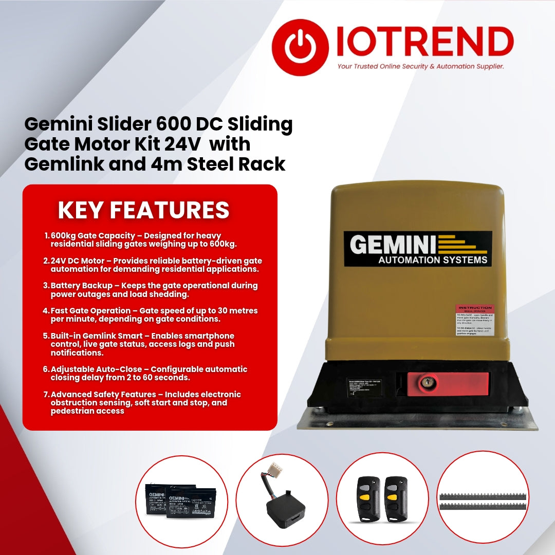 Gemini Slider 600 24V Sliding Gate Motor Kit with 2 x 12V 5Ah Batteries, 2 Remotes, Base Plate, 4m Steel Rack & GEMLINK
