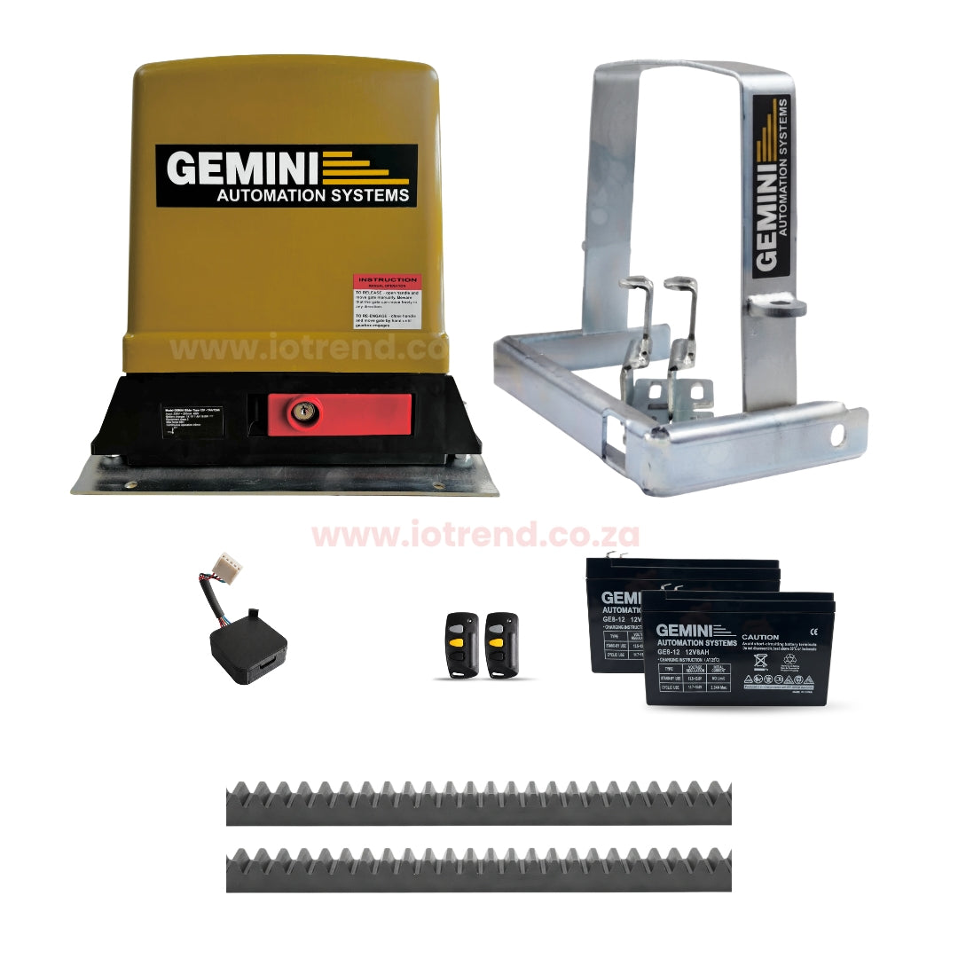 Gemini Slider 600 24V Sliding Gate Motor Kit with 2 x 12V 5Ah Batteries, 2 Remotes, Base Plate, 4m Steel Rack, Anti-Theft Bracket & GEMLINK