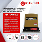 Gemini Slider 600 24V Sliding Gate Motor Kit with 2 x 12V 5Ah Batteries, 2 Remotes, Base Plate, 4m Steel Rack, Anti-Theft Bracket & GEMLINK