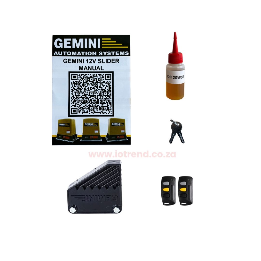 Gemini Slider 800 Complex 24V Sliding Gate Motor Kit with 24V 8Ah Battery, Remotes, Base Plate & GEMLINK