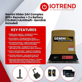 Gemini Slider 800 Complex 24V Sliding Gate Motor Kit with 24V 8Ah Battery, Remotes, Base Plate, Anti-Theft Bracket & GEMLINK