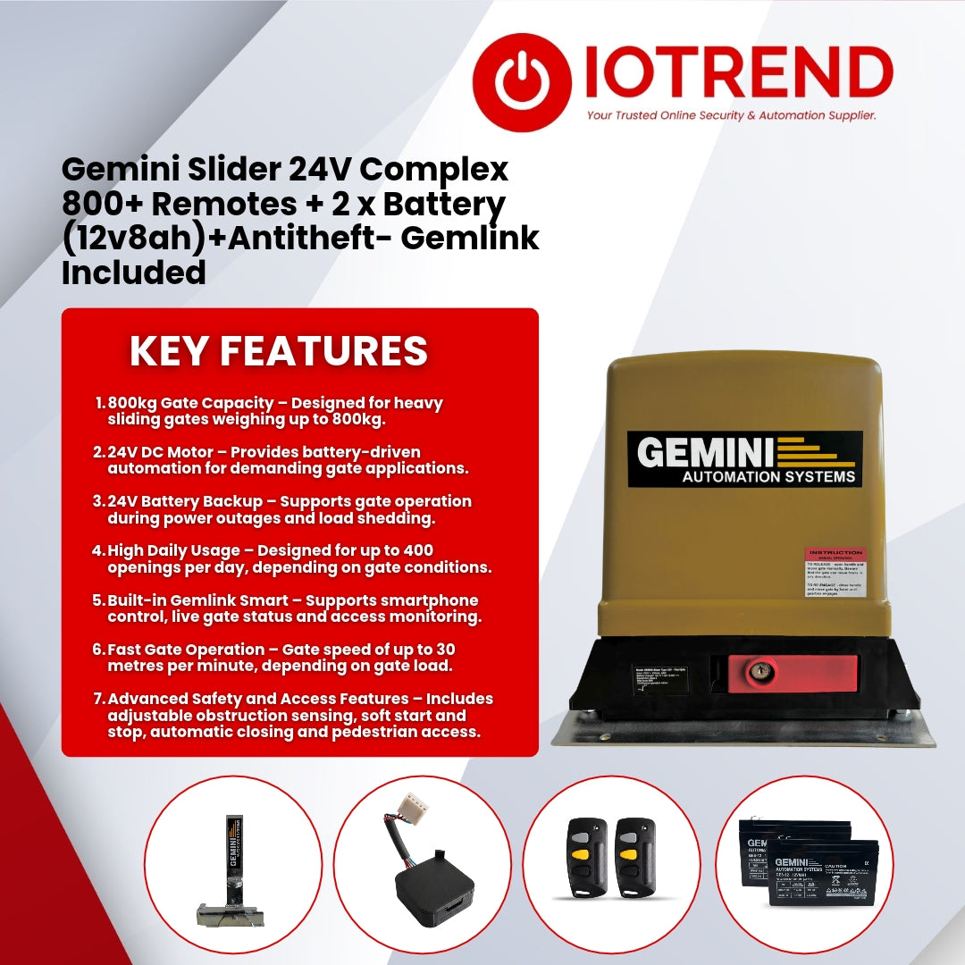 Gemini Slider 800 Complex 24V Sliding Gate Motor Kit with 24V 8Ah Battery, Remotes, Base Plate, Anti-Theft Bracket & GEMLINK