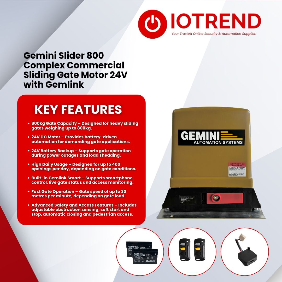Gemini Slider 800 Complex 24V Sliding Gate Motor Kit with 24V 8Ah Battery, Remotes, Base Plate & GEMLINK