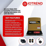 Gemini Slider 800 Complex 24V Sliding Gate Motor Kit with 24V 8Ah Battery, Remotes, Base Plate & GEMLINK