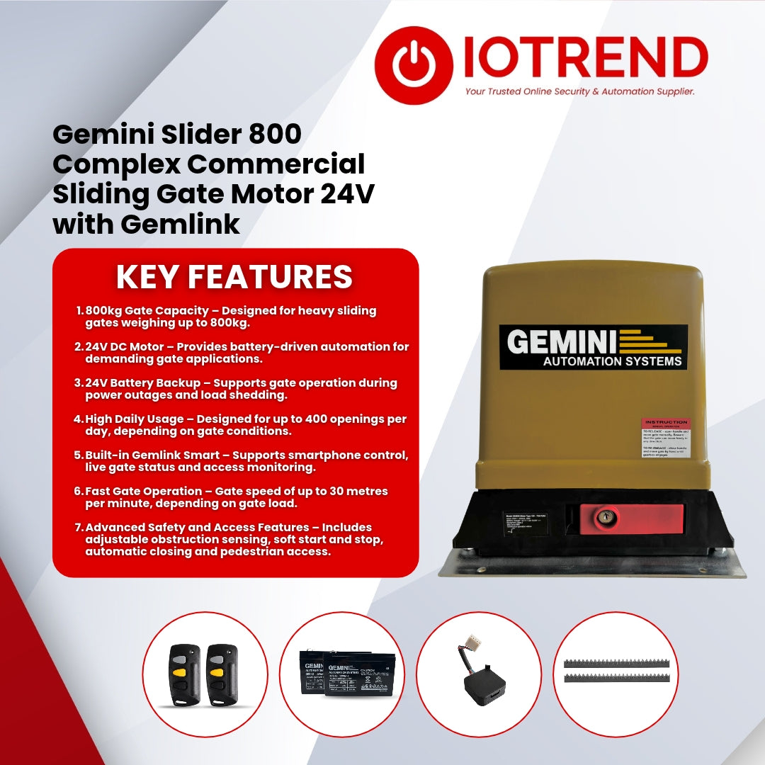Gemini Slider 800 Complex 24V Sliding Gate Motor Kit with 24V 8Ah Battery, Remotes, Base Plate, 4m Steel Rack & GEMLINK