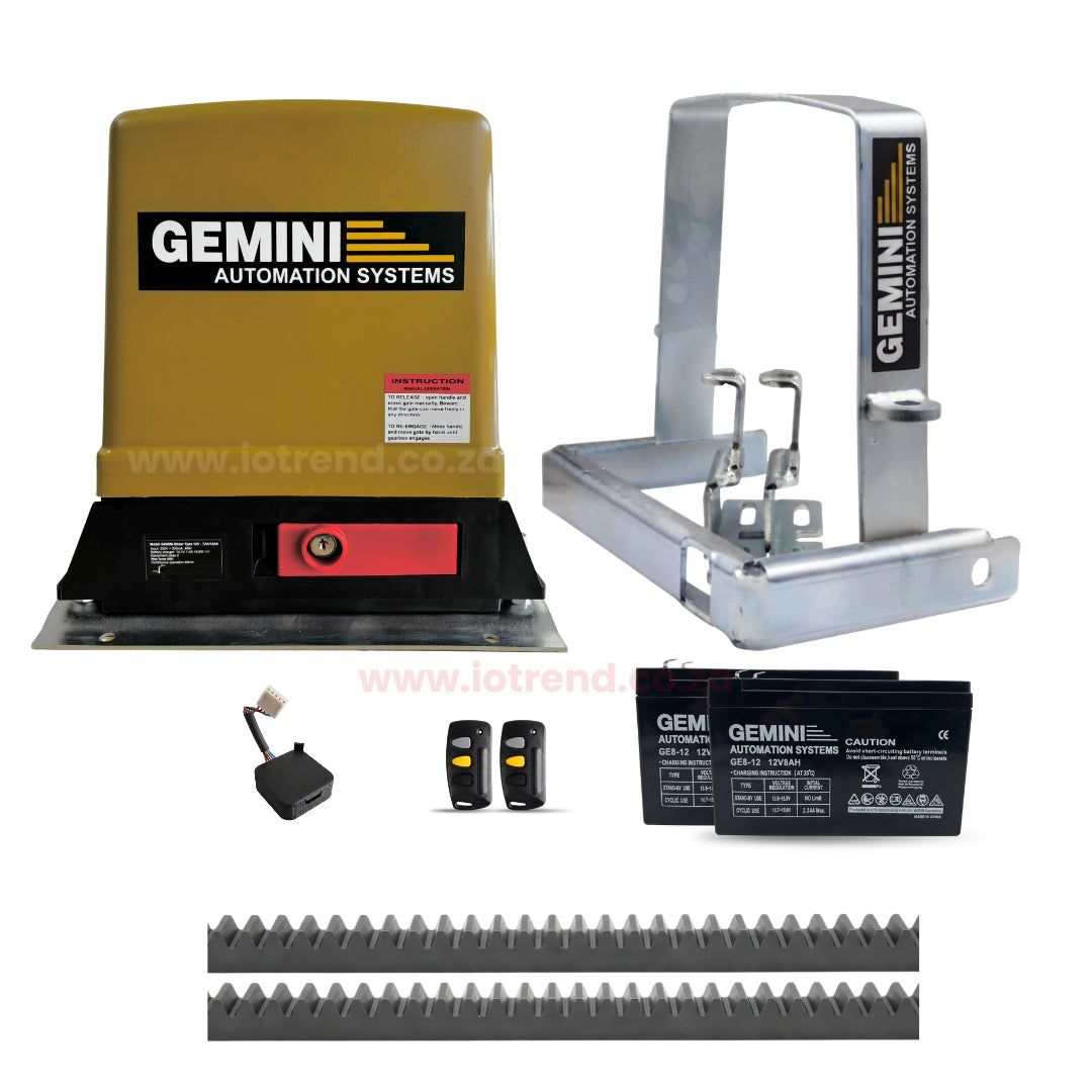 Gemini Slider 800 Complex 24V Sliding Gate Motor Kit with 24V 8Ah Battery, Remotes, Base Plate, 4m Steel Rack, Anti-Theft Bracket & GEMLINK