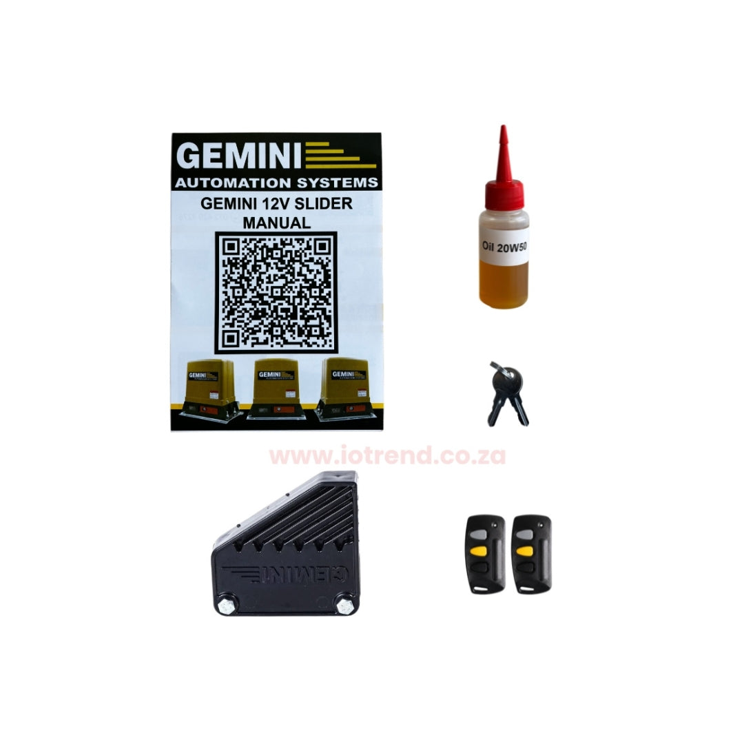 Gemini Slider 800 Complex 24V Sliding Gate Motor Kit with 24V 8Ah Battery, Remotes, Base Plate, 4m Steel Rack, Anti-Theft Bracket & GEMLINK