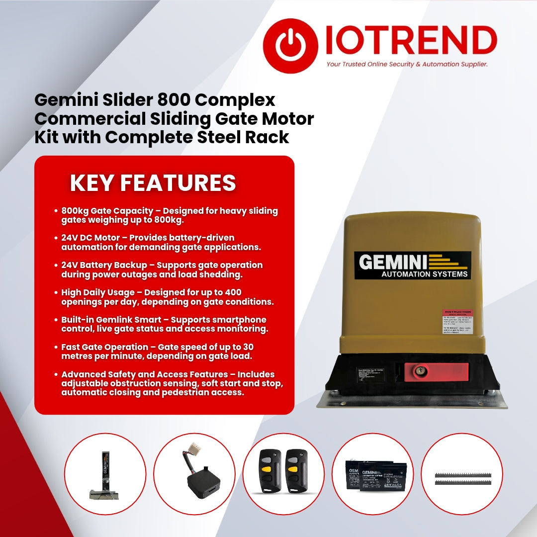 Gemini Slider 800 Complex 24V Sliding Gate Motor Kit with 24V 8Ah Battery, Remotes, Base Plate, 4m Steel Rack, Anti-Theft Bracket & GEMLINK