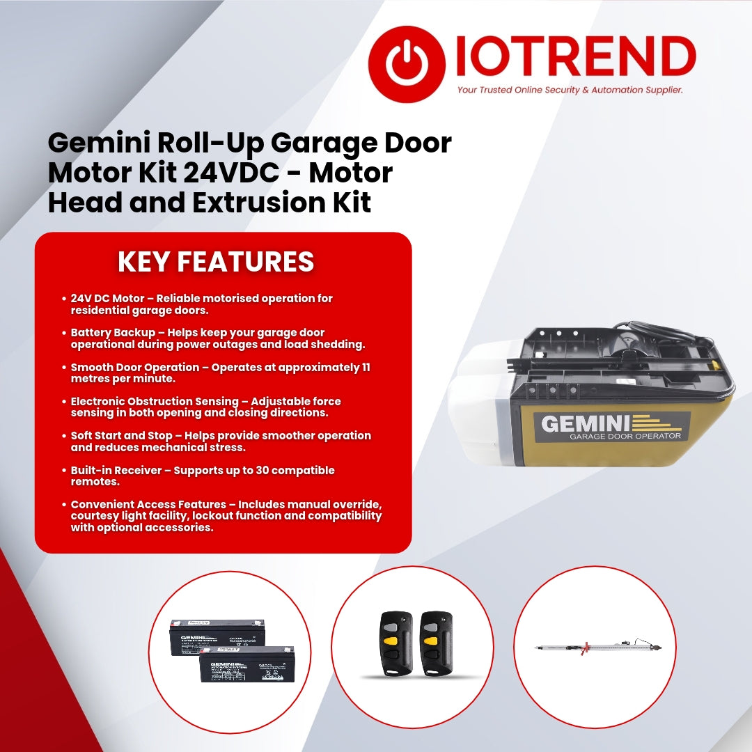 Gemini GDO Roll-Up 24VDC Motor Head & Extrusion + 2x 3 Button Remotes
