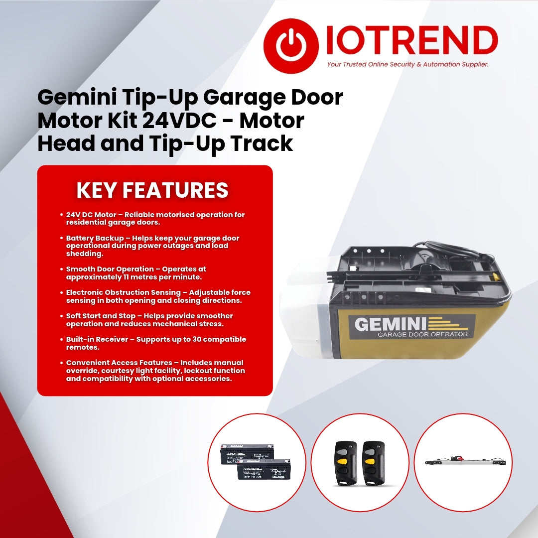 Gemini 24V DC Tip-Up Garage Door Motor Kit with Batteries, 2 Remotes & Tip-Up Rail