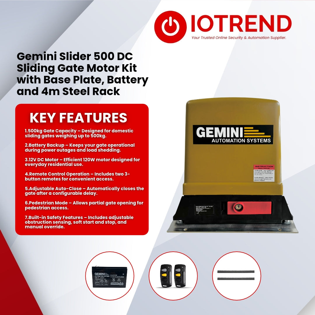Gemini Slider 500 Sliding Gate Motor Kit with 7Ah Battery, 2 Remotes, Base Plate & 4m Steel Rack