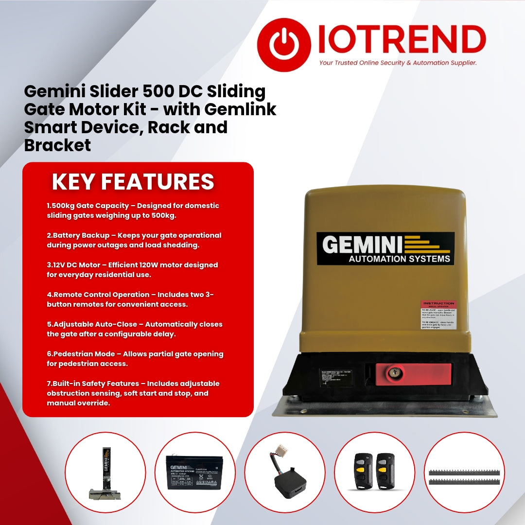 Gemini Slider 500 Sliding Gate Motor Kit with 7Ah Battery, 2 Remotes, Base Plate, 4m Steel Rack, Anti-Theft Bracket & GEMLINK