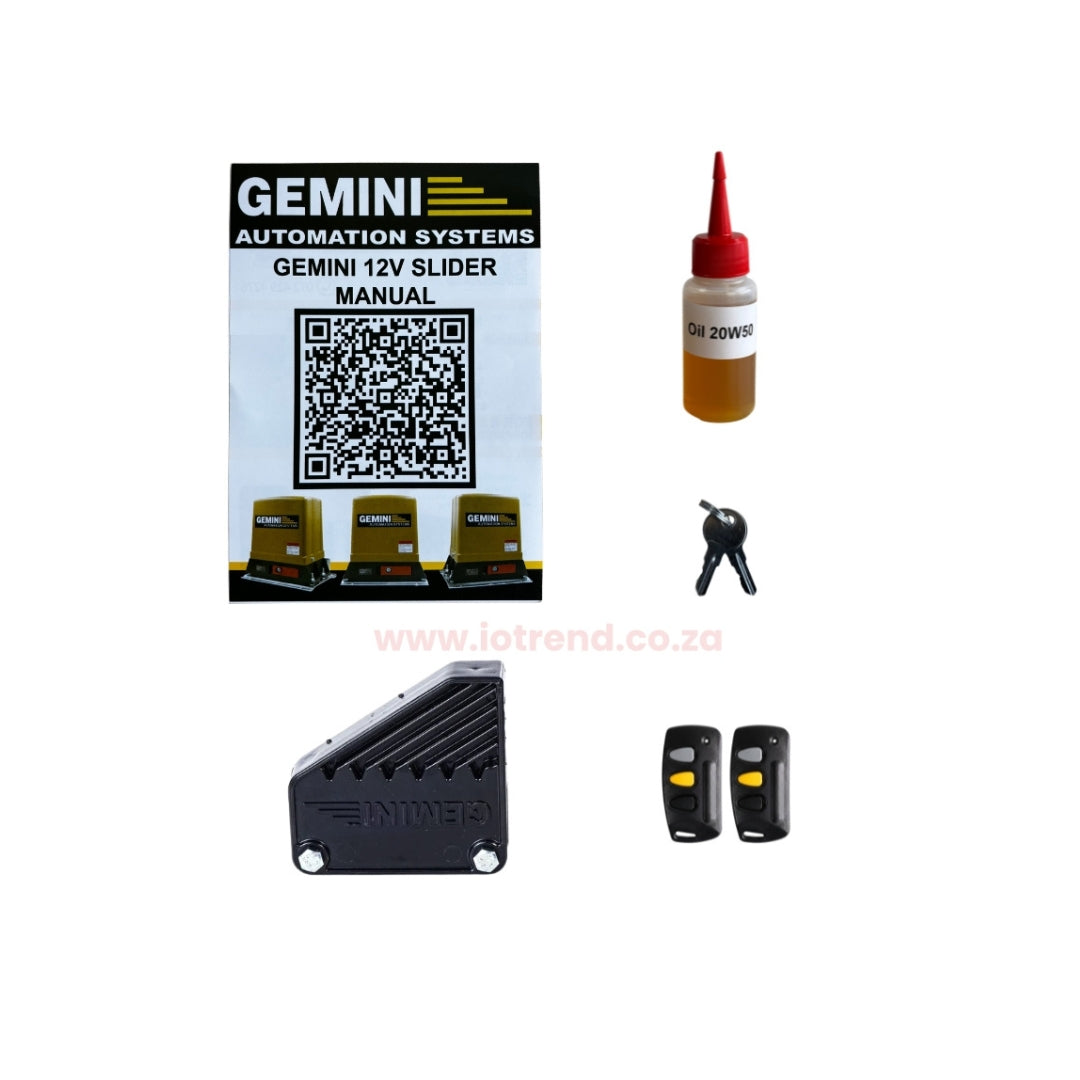 Gemini Slider 500+ Sliding Gate Motor Kit with 12Ah Battery, 2 Remotes & Base Plate