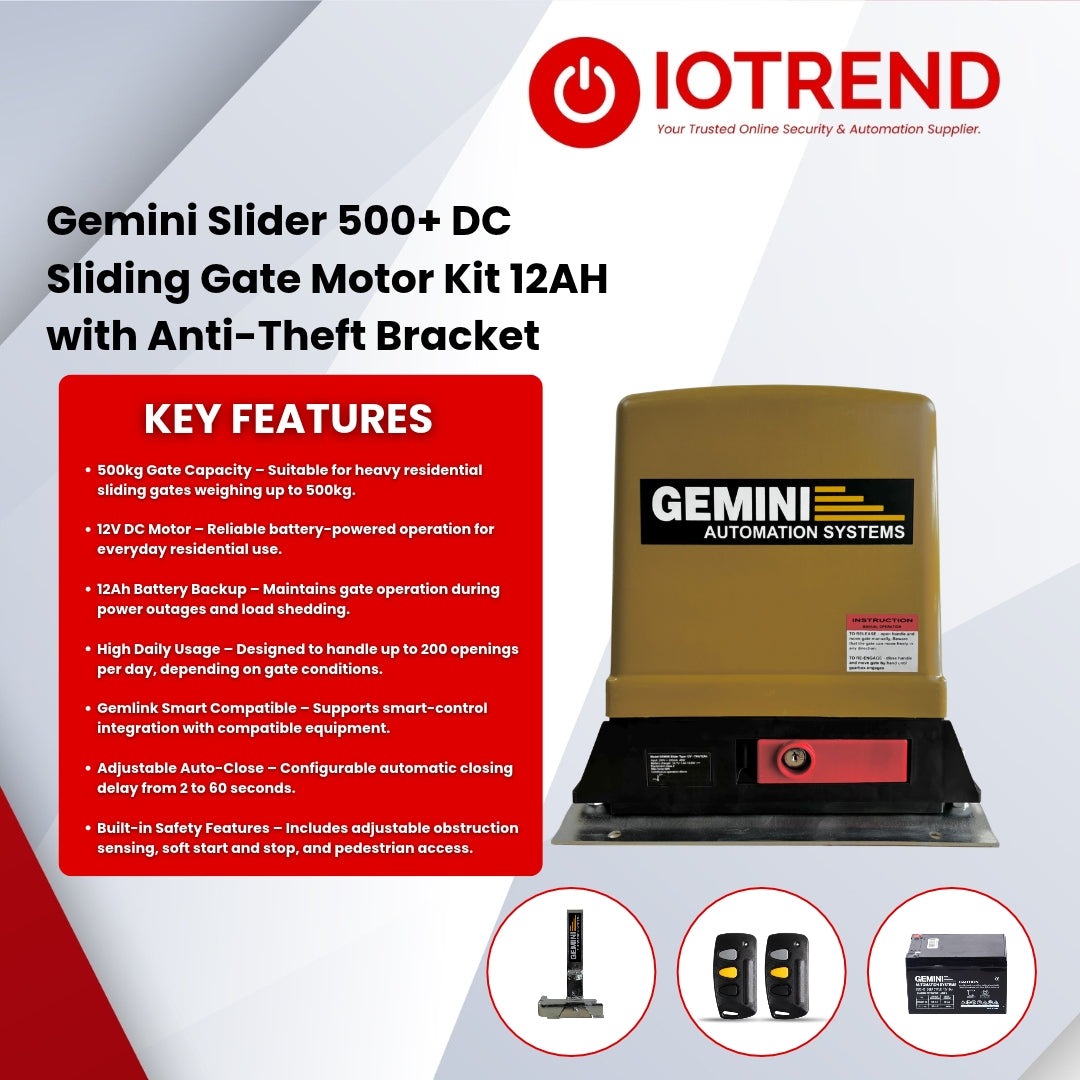 Gemini Slider 500+ 12Ah Sliding Gate Motor Kit with Base Plate & Anti-Theft Bracket