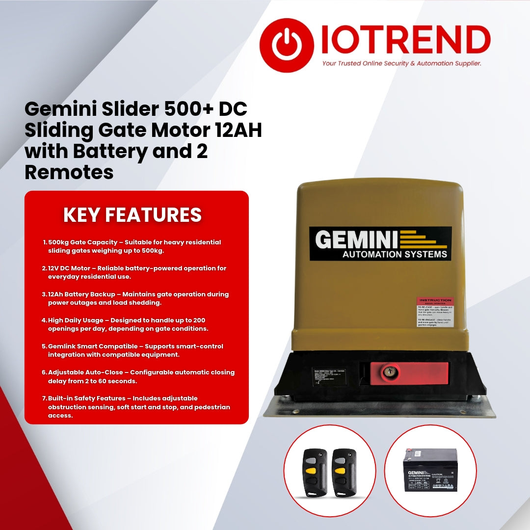 Gemini Slider 500+ Sliding Gate Motor Kit with 12Ah Battery, 2 Remotes & Base Plate