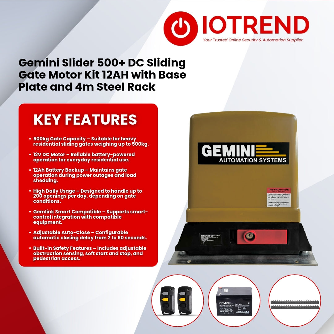 Gemini Slider 500+ Sliding Gate Motor Kit with 12Ah Battery, 2 Remotes, Base Plate & 4m Steel Rack