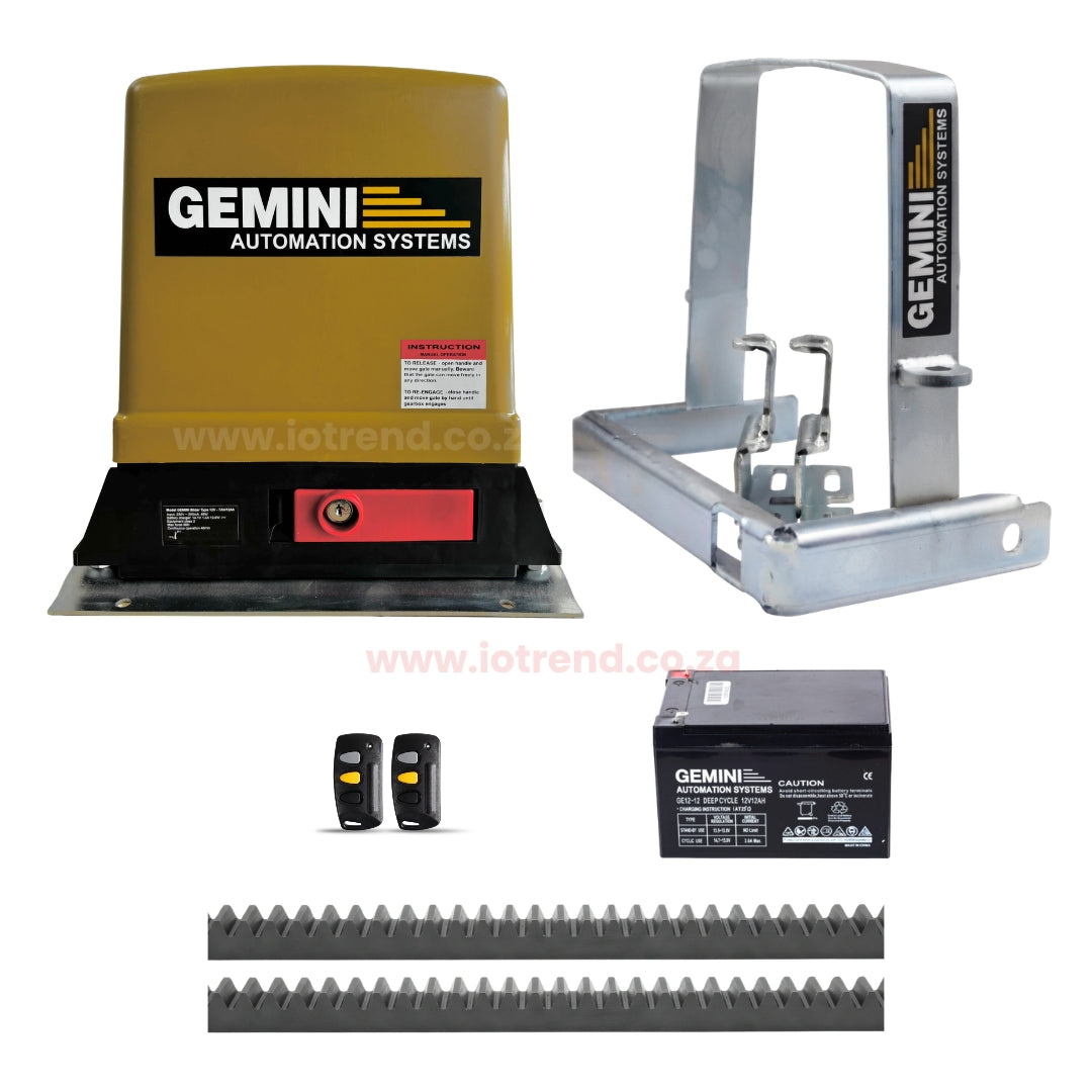Gemini Slider 500+ Sliding Gate Motor Kit with 12Ah Battery, 2 Remotes, Base Plate, 4m Steel Rack & Anti-Theft Bracket