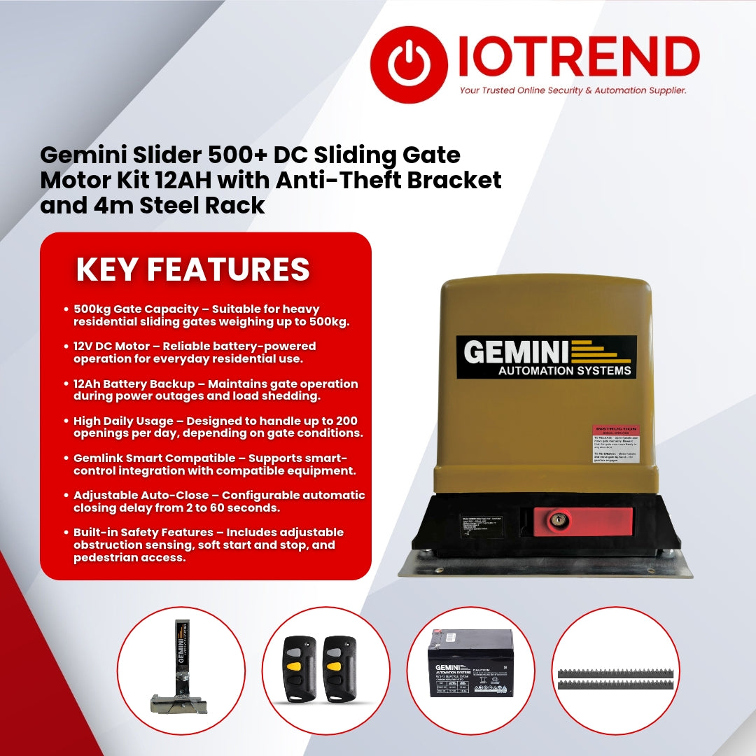 Gemini Slider 500+ Sliding Gate Motor Kit with 12Ah Battery, 2 Remotes, Base Plate, 4m Steel Rack & Anti-Theft Bracket