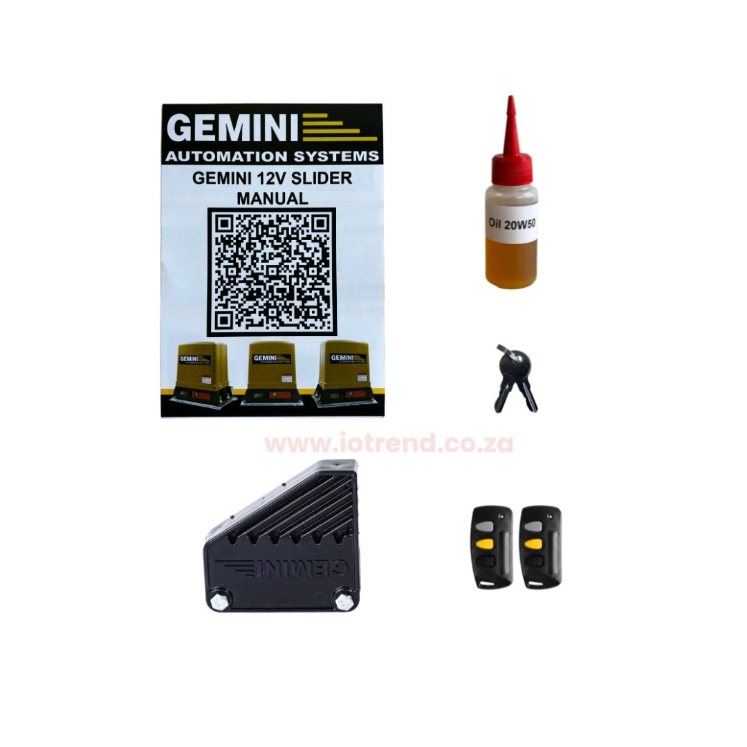 Gemini Slider 500+ Sliding Gate Motor Kit with 12Ah Battery, 2 Remotes, Base Plate, 4m Steel Rack, Anti-Theft Bracket & GEMLINK