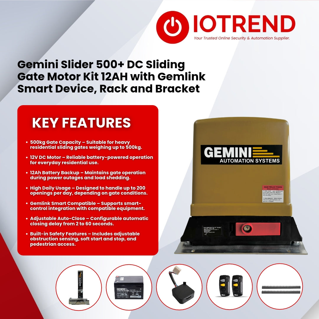 Gemini Slider 500+ Sliding Gate Motor Kit with 12Ah Battery, 2 Remotes, Base Plate, 4m Steel Rack, Anti-Theft Bracket & GEMLINK