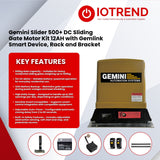 Gemini Slider 500+ Sliding Gate Motor Kit with 12Ah Battery, 2 Remotes, Base Plate, 4m Steel Rack, Anti-Theft Bracket & GEMLINK