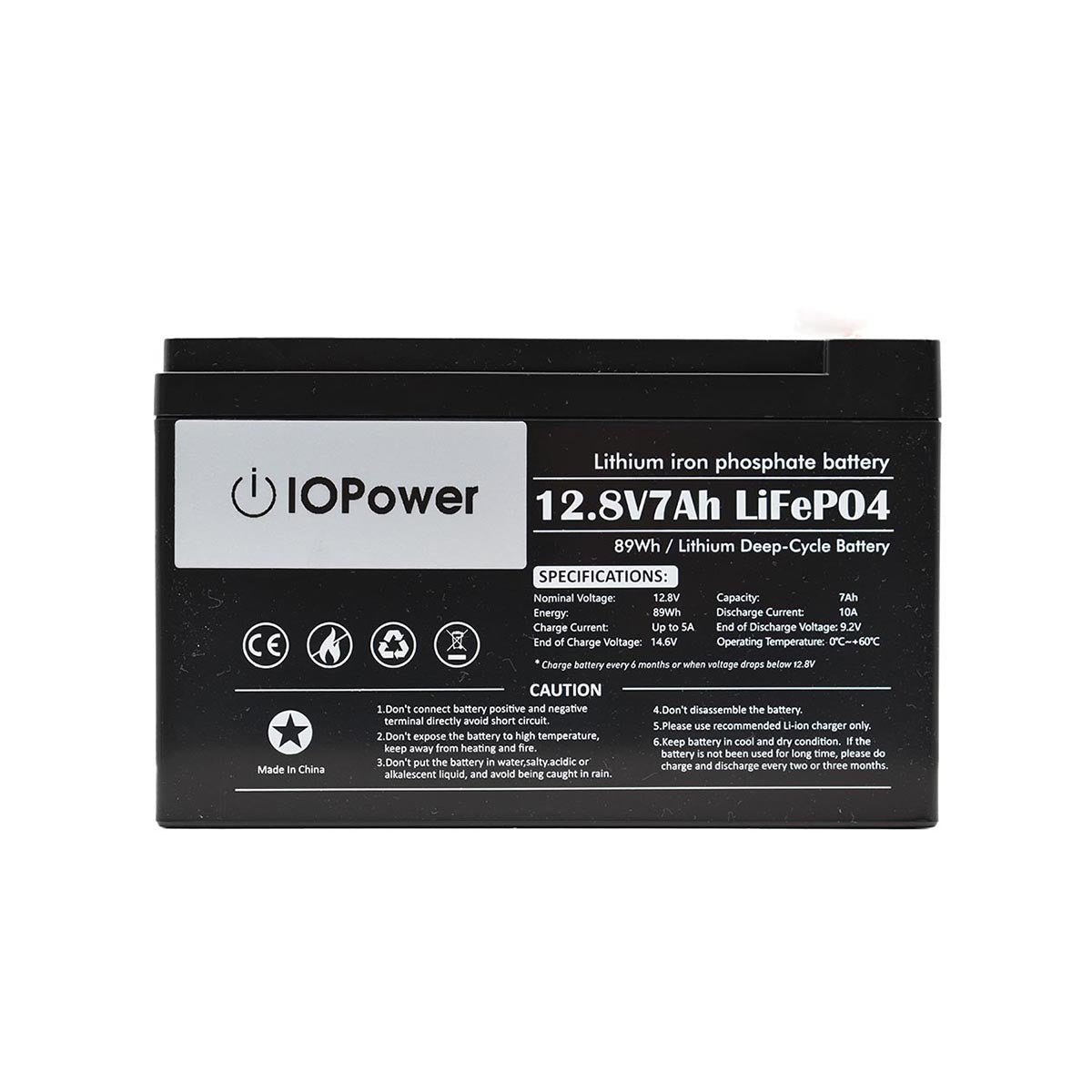 IOPower 12V 7Ah Lithium (LiFePO4) Battery Front View RBA50-1-1