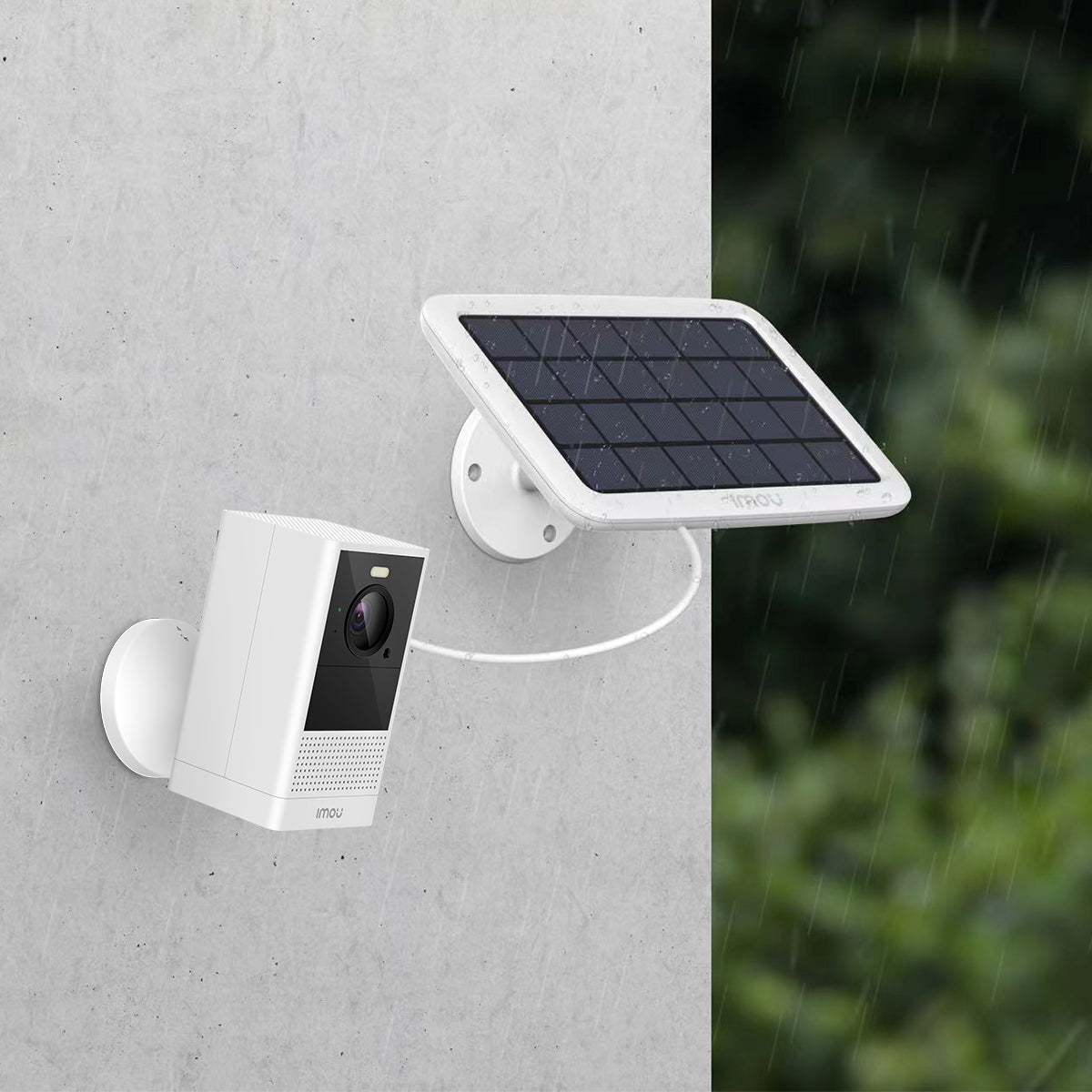 Imou Cell 2 4MP Battery Operated Wi-Fi Camera + Solar Panel Kit IPC-B46LP-White and FSP11 Cell 2 and Solar Panel Installed Outside with illustration of weather conditions CC473-6 and PS470 