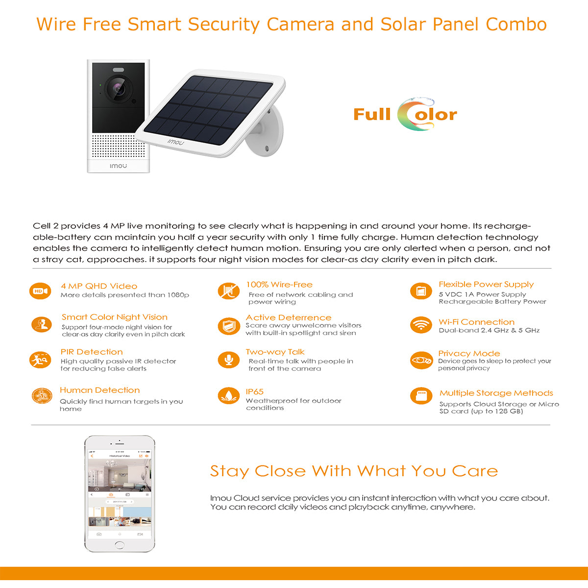 Imou Cell 2 4MP Battery Operated Wi-Fi Camera + Solar Panel Kit IPC-B46LP-White and FSP11 Cell 2 and Solar Panel Product Features CC473-6 and PS470 