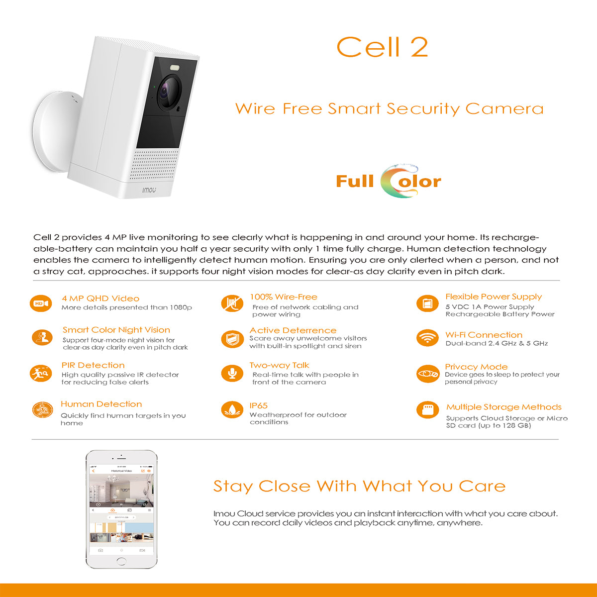 Imou Cell 2 Wire Free 4MP Rechargeable Battery Operated Smart Camera IPC-B46LP-White Product Features CC473-6