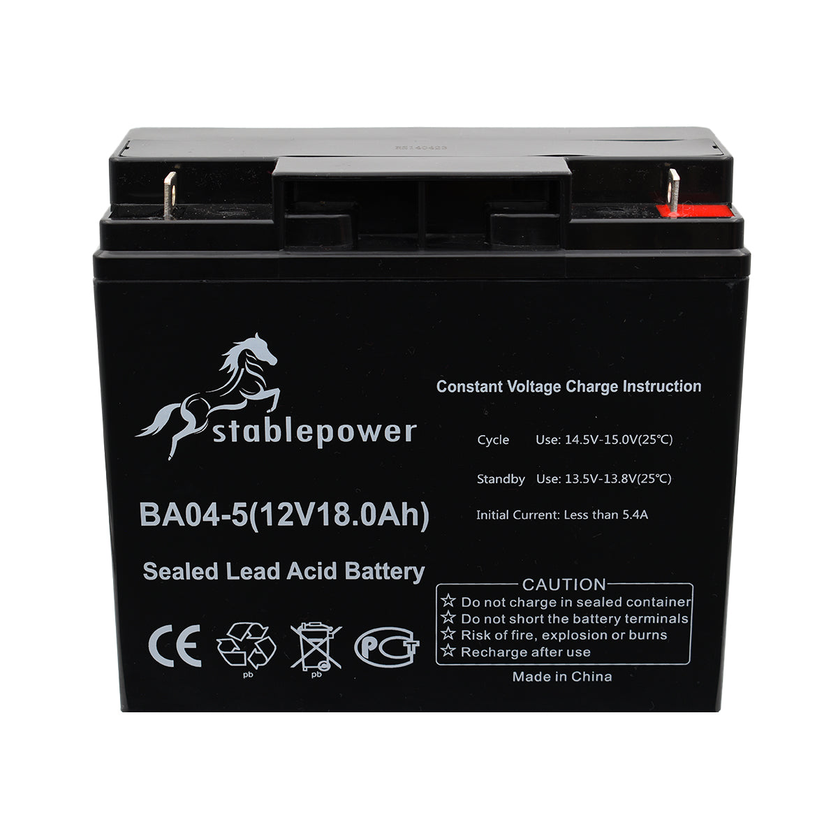 Stablepower 12V 18AH Rechargeable Sealed Lead Acid Battery Front View 2 BA04-5