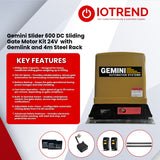 Gemini Slider 600 24V Sliding Gate Motor Kit with 2 x 12V 5Ah Batteries, 2 Remotes, Base Plate, 4m Steel Rack & GEMLINK