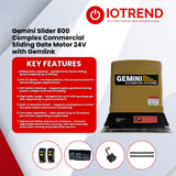 Gemini Slider 800 Complex 24V Sliding Gate Motor Kit with 24V 8Ah Battery, Remotes, Base Plate, 4m Steel Rack & GEMLINK