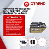 Gemini 24V DC Tip-Up Garage Door Motor Kit with Batteries, 2 Remotes & Tip-Up Rail