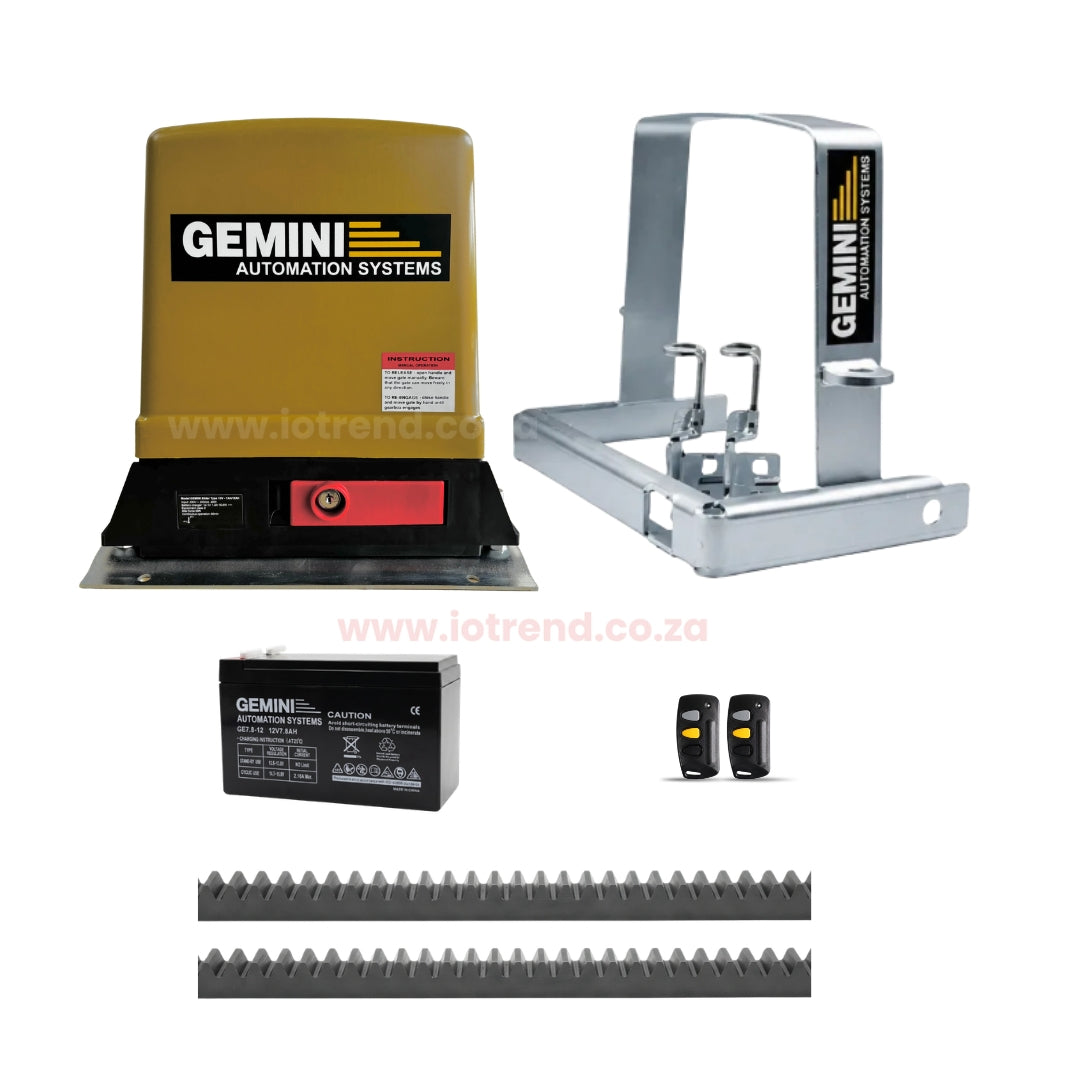 Gemini Slider 500 Sliding Gate Motor Kit with 7Ah Battery, 2 Remotes, Base Plate, 4m Steel Rack & Anti-Theft Bracket