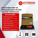 Gemini Slider 500+ 12Ah Sliding Gate Motor Kit with Base Plate & Anti-Theft Bracket