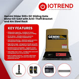 Gemini Slider 500+ Sliding Gate Motor Kit with 12Ah Battery, 2 Remotes, Base Plate, 4m Steel Rack & Anti-Theft Bracket