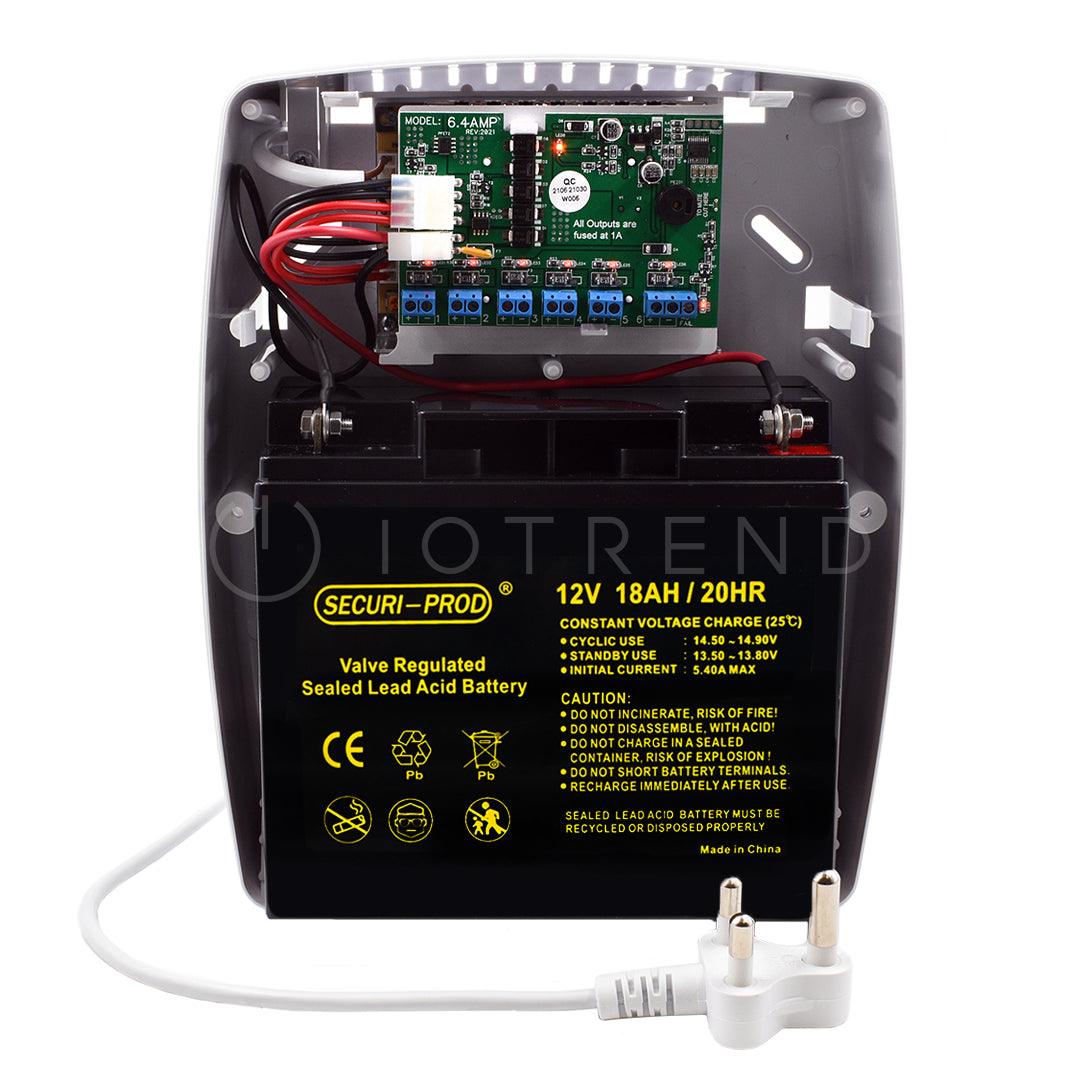 SherloTronics Battery Backup Power Supply 12V 6.4 Amp with Securi Prod 18Amp Battery - IOTREND